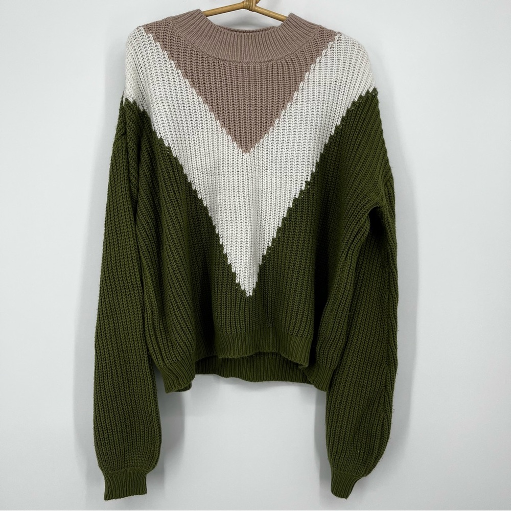 The Good Jane Crew Neck Sweater Olive, Cream, and Taupe Medium Large